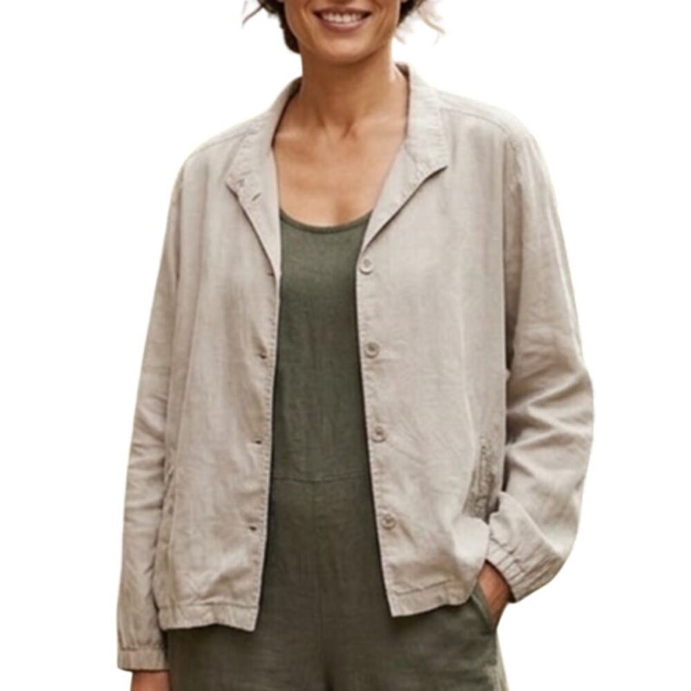 Eileen Fisher Linen Blend Jacket Womens Large Beige Tan Button Topper Lagenlook